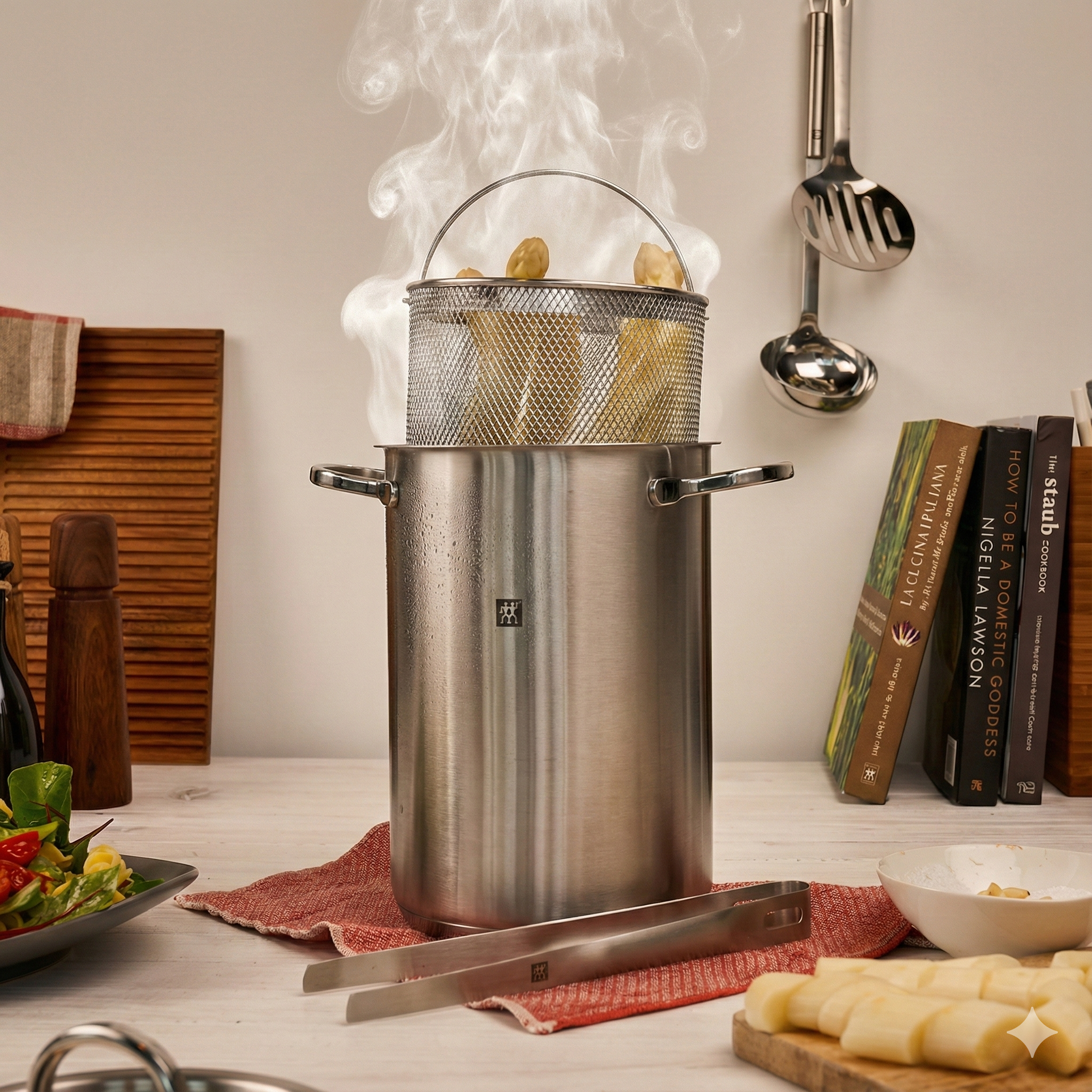 Panela Zwilling em uso com cesto de massas